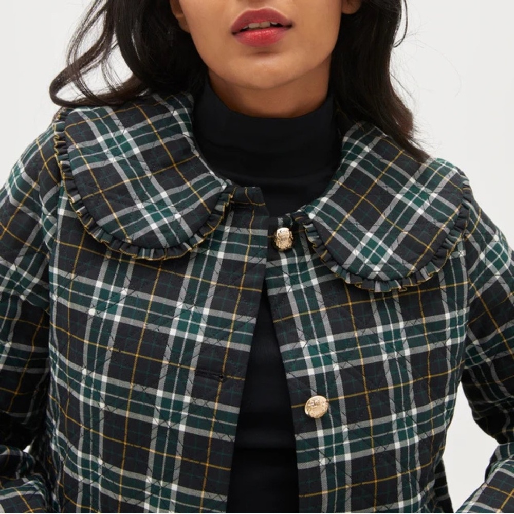 Plaid Ruffle Collar Jacket in Green and Black